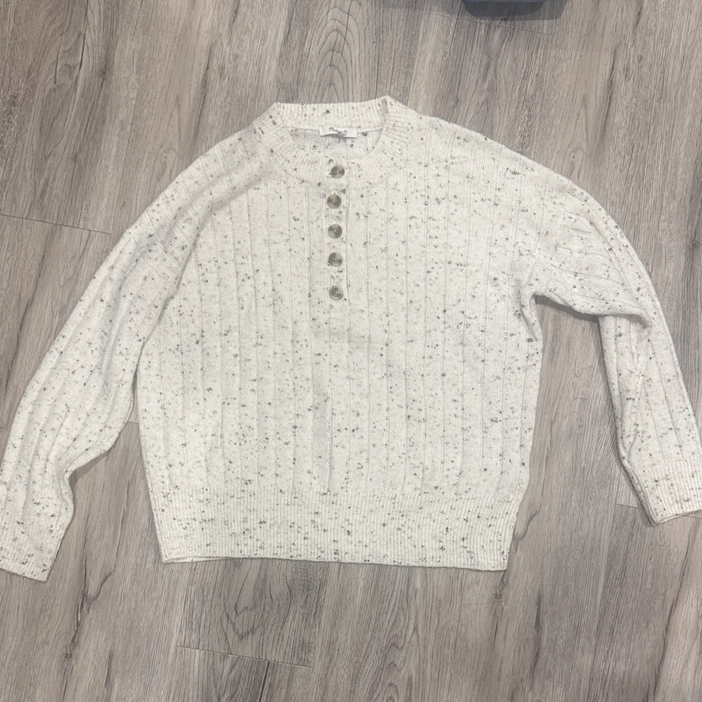 Madewell Buttoned Cream Speckle Crewneck Sweater